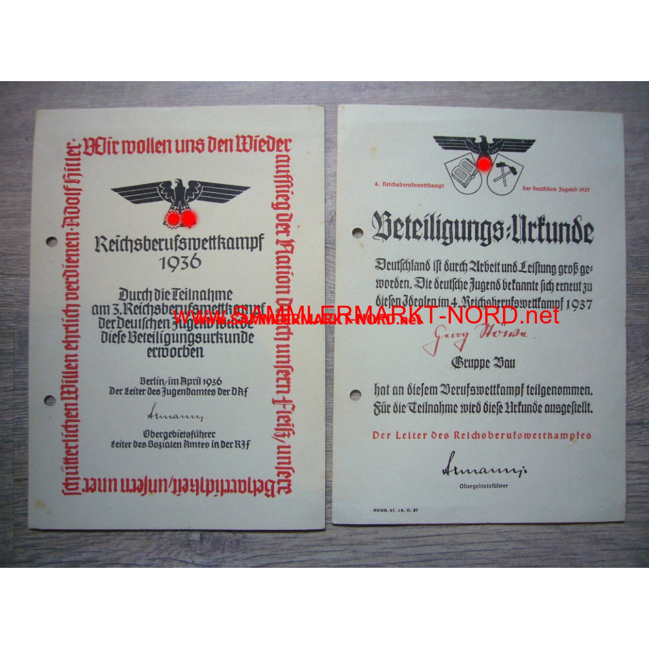 2 x Document Reichsberufswettkampf 1936 & 1937