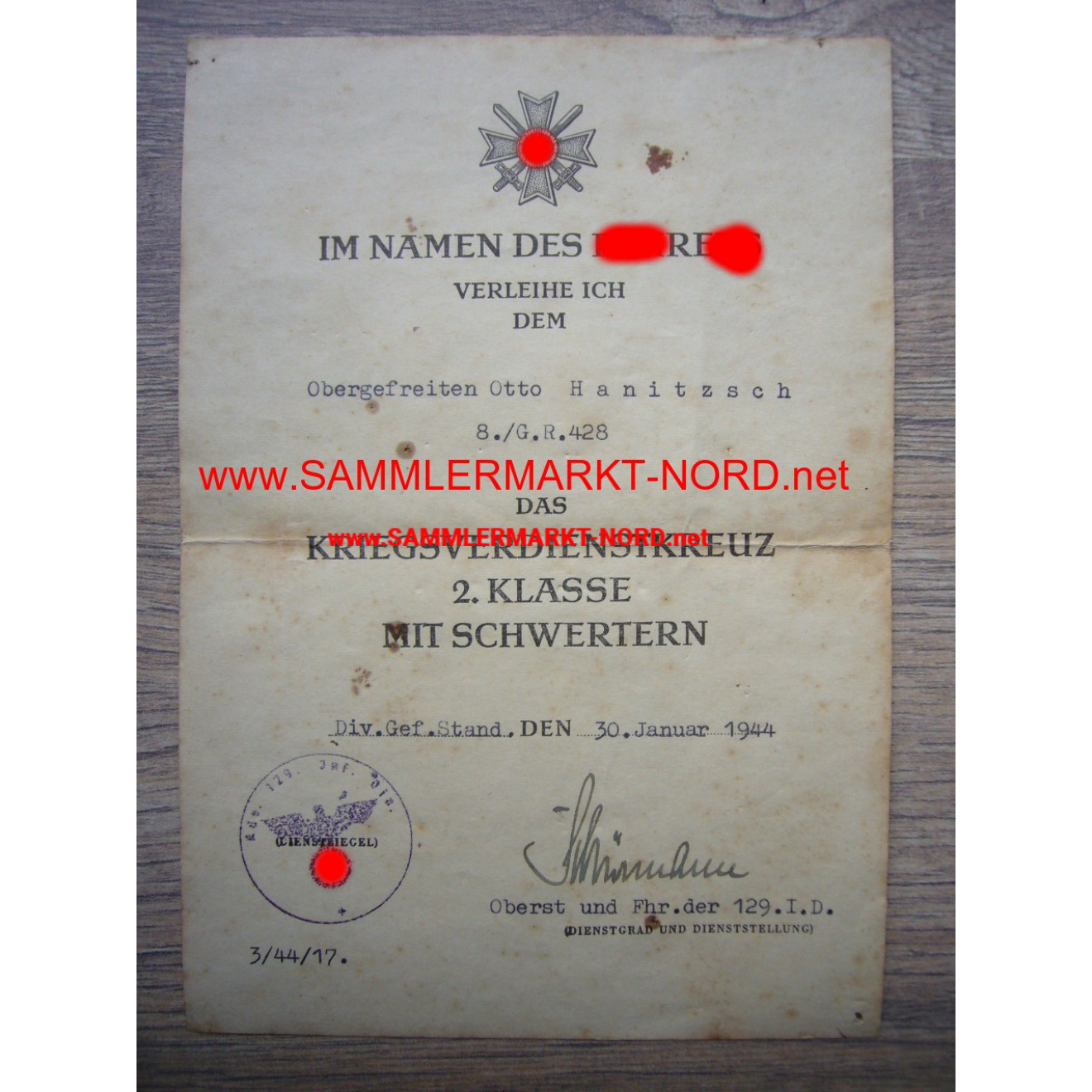 KVK certificate 129.I.D. - OBERST SCHIEMANN - Autograph
