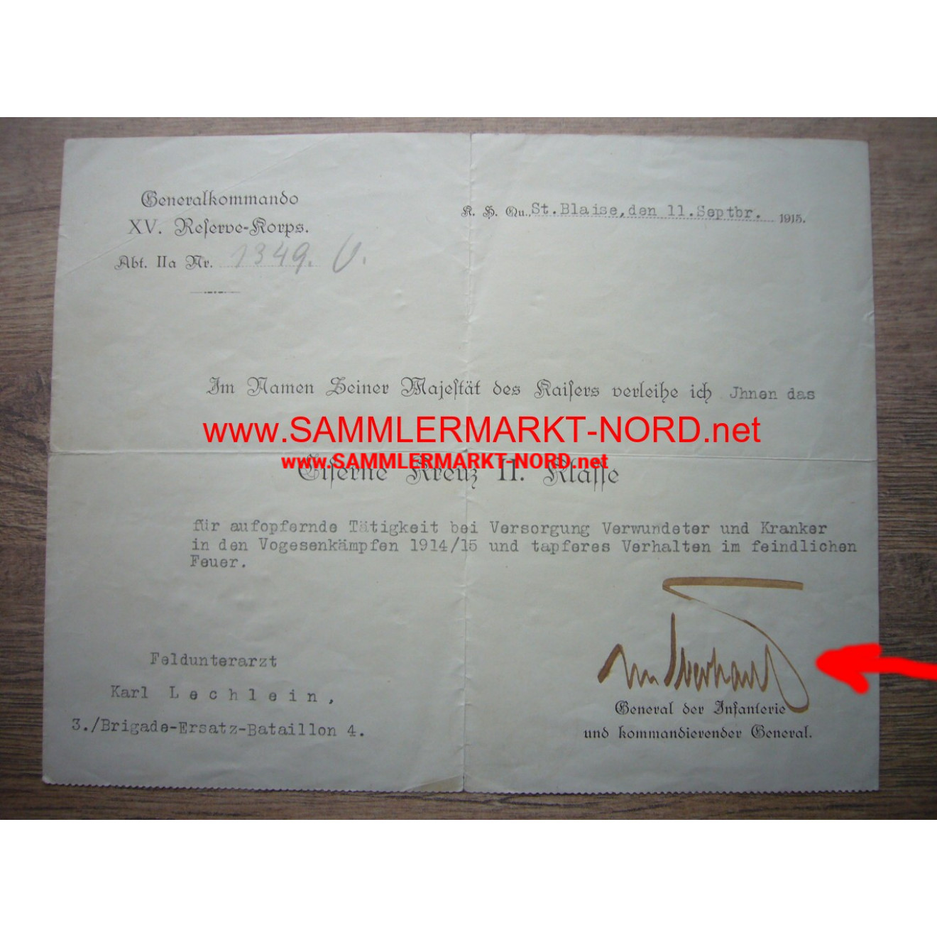 Certificate EK - General MAGNUS VON EBERHARDT - autograph