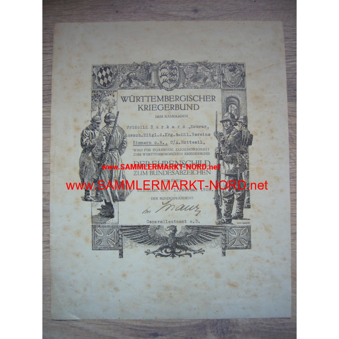 Württembergischer Kriegerbund - Honor Shield Certificate