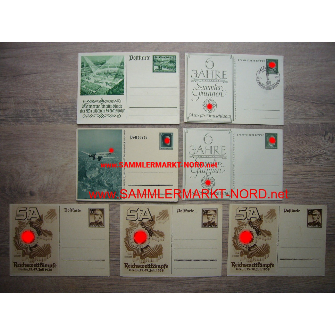 7 x postcard SA Reich competitions, KdF collectors' groups, etc.