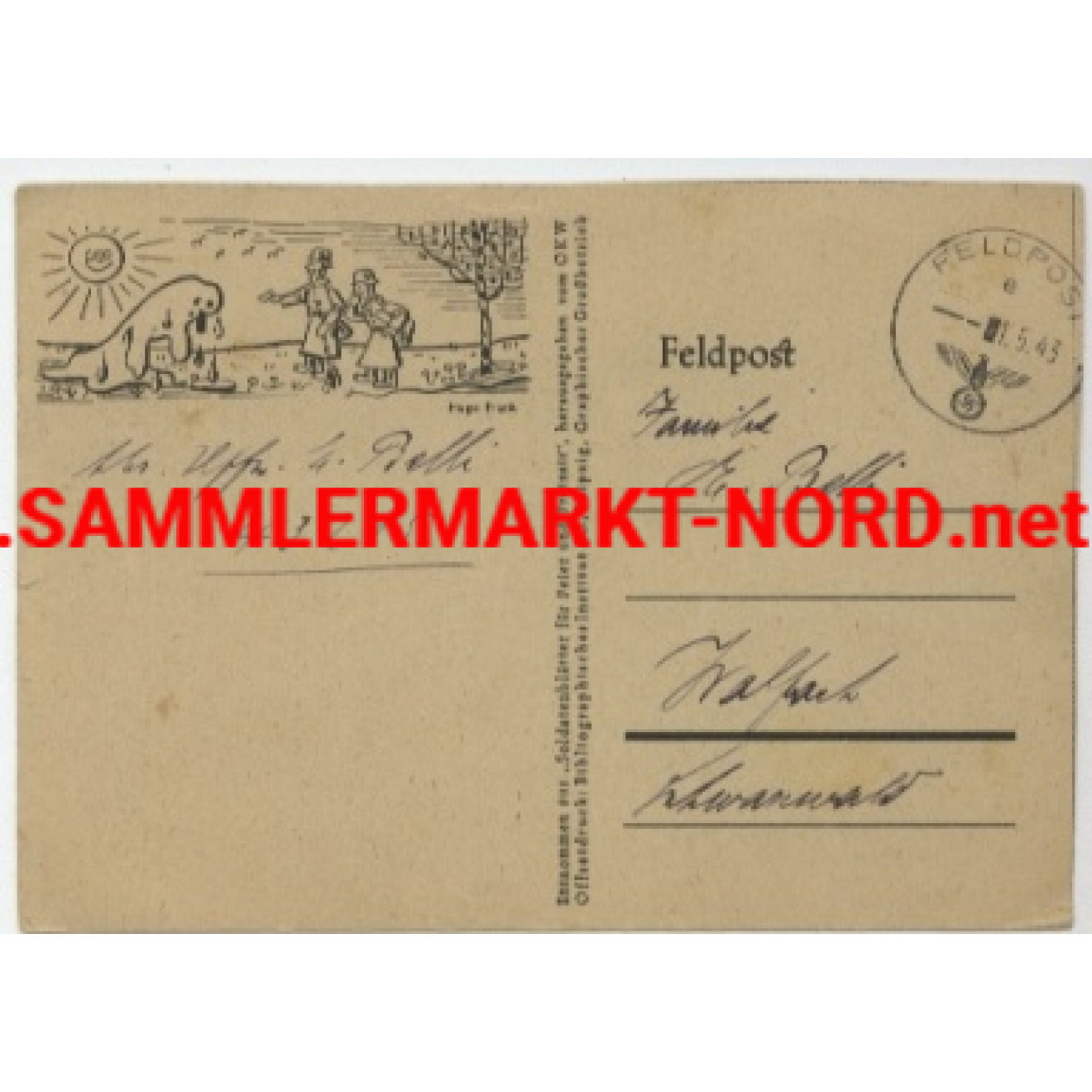 Army postal service card with illustration of soldier before a m