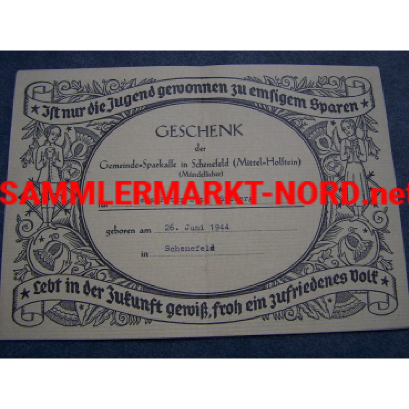 Gift coupon (3 RM) of the bank Schenefeld to the birth 1944