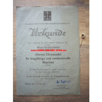 Volksbund Deutsche Kriegsgräberfürsorge - Certificate & Silver Badge of Honor