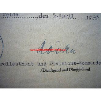 EK certificate 258. I.D. - Lieutenant General HANSKURT HÖCKER - Autograph
