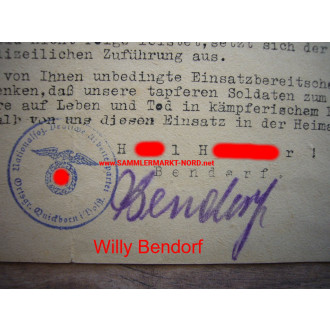 Convocation to the emergency service - NSDAP Quickborn - local group leader WILLY BENDORF