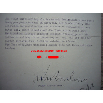 City of Mürzzuschlag (Ostmark) 1943 - Mayor FRANZ NEUKIRCHNER - Autograph