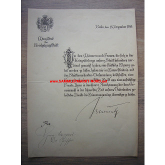 Magistrat der Reichshauptstadt Berlin 1919 - Urkunde für die Kriegsdenkmünze