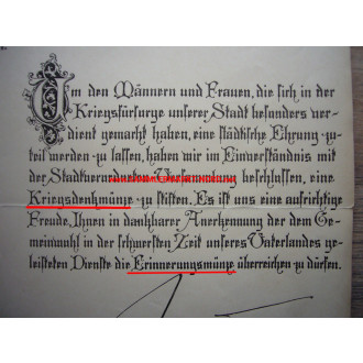 Magistrat der Reichshauptstadt Berlin 1919 - Urkunde für die Kriegsdenkmünze