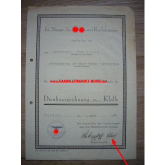 Long Service Award Certificate - Colonel General HEINRICH VON VIETINGHOFF-SCHEEL - Autograph
