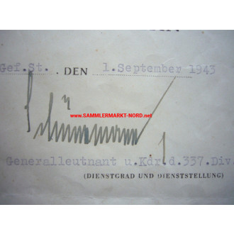 Urkunde KVK - Generalleutnant OTTO SCHÜNEMANN (337. I.D.) - Autograph