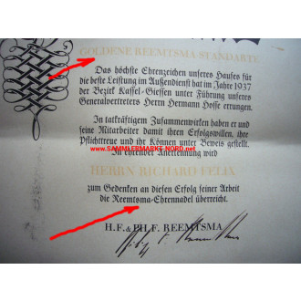 Firma Reemtsma, Altona - Urkunde für Ehrennadel - PHILIPP FÜRCHTEGOTT REEMTSMA - Autograph