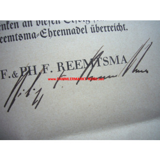 Firma Reemtsma, Altona - Urkunde für Ehrennadel - PHILIPP FÜRCHTEGOTT REEMTSMA - Autograph