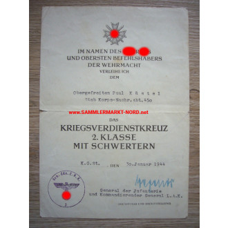 Certificate War Merit Cross - General of the Infantry WILHELM WEGENER - Autograph