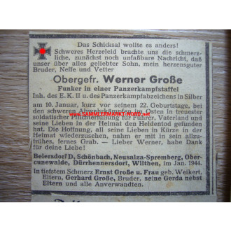 Wehrmacht Obergefreiter der Panzertruppe & Todesanzeige