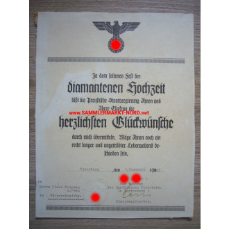Prussian State Government - Certificate of congratulations on a diamond wedding anniversary in 1942