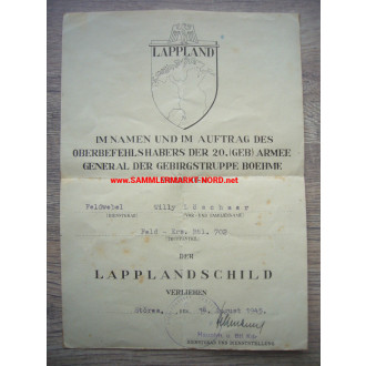Lappland Campaign Shield award certificate - Feld-Ers. Btl. 702