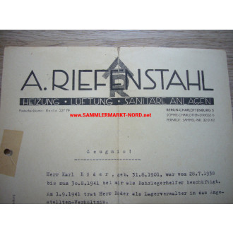 Firma ALFRED RIEFENSTAHL, Berlin - Vater von LENI Riefenstahl - Zeugnis