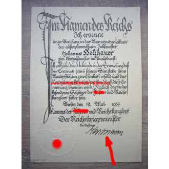 Ernennungsurkunde zum Oberzahlmeister im Reichsdienst - General der Infanterie DR. FRIEDRICH KARMANN - Autograph