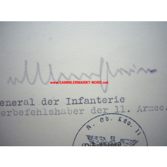 Certificate KVK - Field Marshal ERICH VON MANSTEIN - Autograph