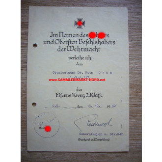 Iron Cross Certificate - 1. Radfahr-Abteilung 117 - Major General HERMANN RECKNAGEL - Autograph