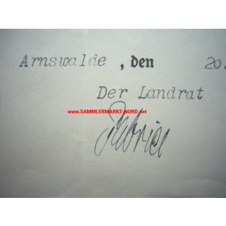 Landrat ERICH GABRIEL (Arnswalde) - Autograph - Urkunde Ehrenkreuz für Frontkämpfer