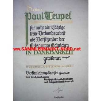 Ehrenurkunde - Reichsverband deutscher Kriegsbeschädigter (1932)