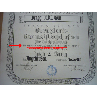 Certificate of Honor - Grenzland Gaumeisterschaften 1935 - Herma