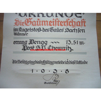 Große DRL Urkunde - Gaumeisterschaft Gau Sachsen 1938