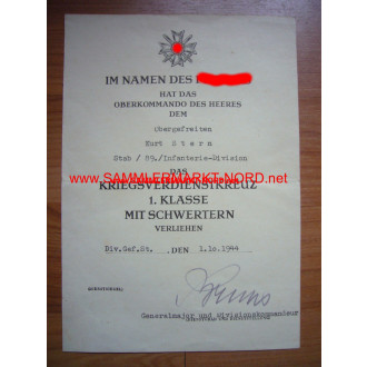 Award Certificate KVK 1st Class - 89. ID. - Normandy 1944