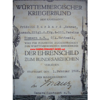 Württembergischer Kriegerbund - Honor Shield Certificate