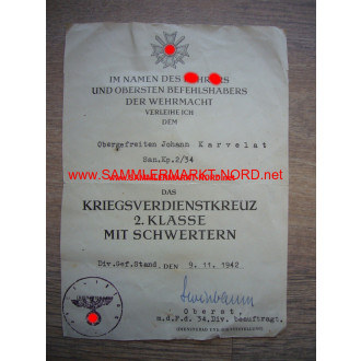 KVK Urkunde - Oberst FRIEDRICH HOCHBAUM - Autograph