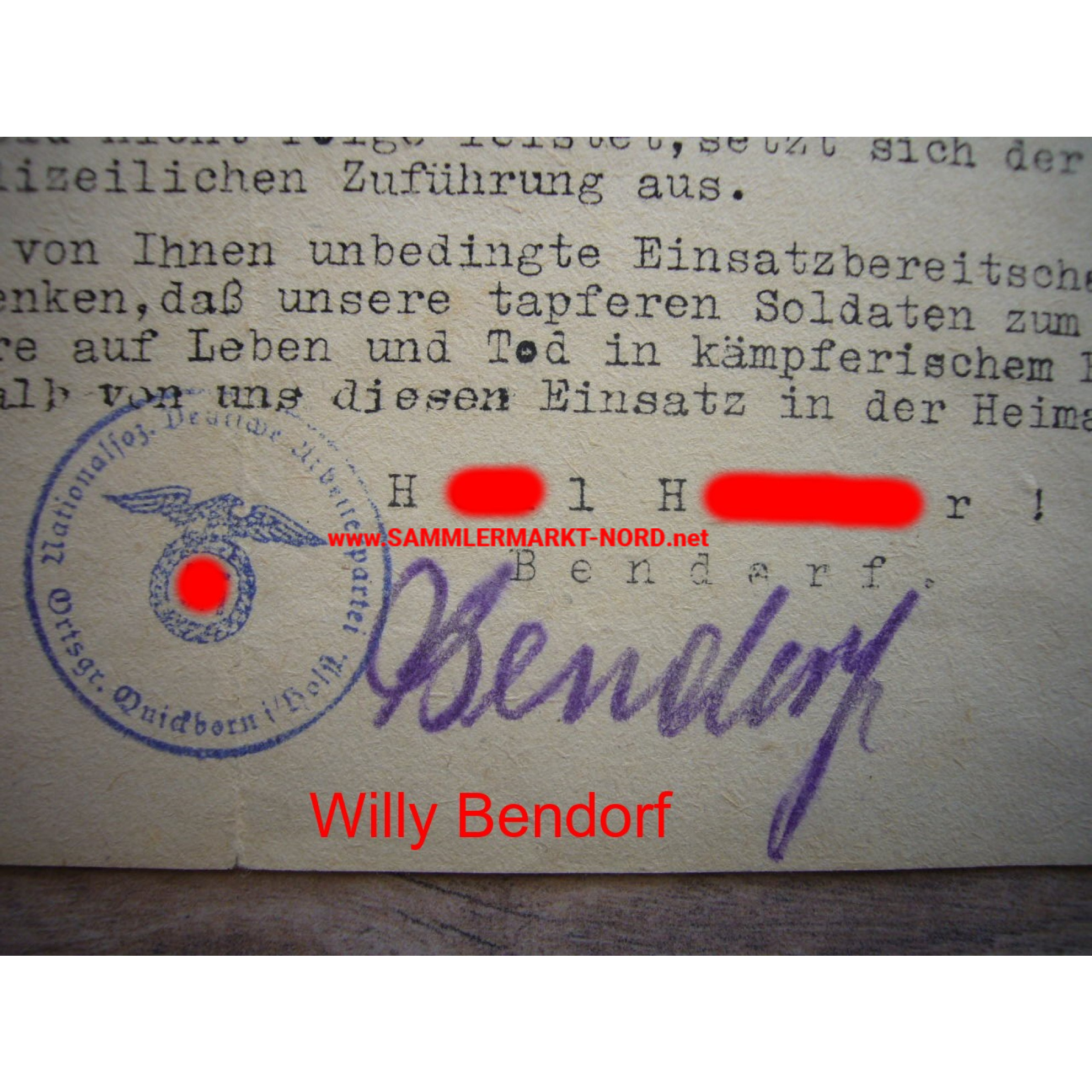 Einberufung zum Notdienst - NSDAP Quickborn - Ortsgruppenleiter WILLY